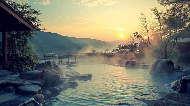 Tranquil Japanese onsen with steaming hot springs during a serene sunset.