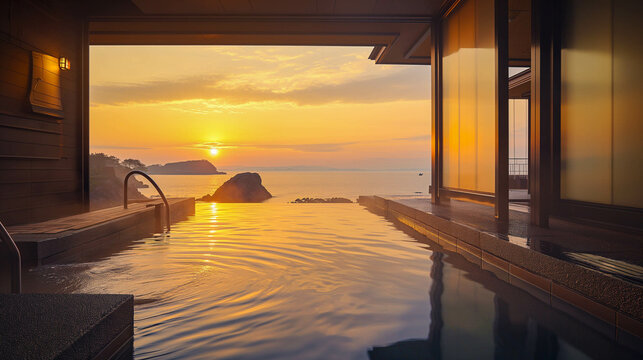 Tranquil Japanese onsen with steaming hot springs during a serene sunset.