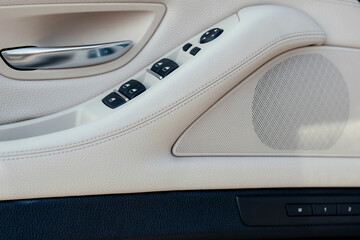 Interior of a business-class car, white perforated leather, aluminum, black lacquer, interior...