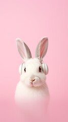 A beautiful cute White rabbit with headphones on a pink background with copy space for text. Easter, holiday, animals, spring concepts.