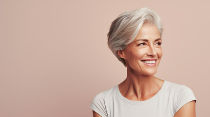 Fototapeta premium A senior grey-haired woman with a luminous gaze and smooth skin presents an enchanting portrait against a warm beige background. Concept of mature elegance and antiaging treatment