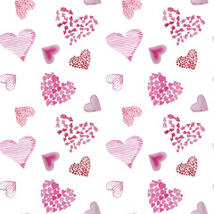 Watercolor pattern pink hearts, Valentine's day, love, hand painted on paper, white background, for design, packaging, invitation, backgrounds, postcards, wrapping paper, scrapbooking