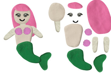 Colorful cute mermaid made from plasticine with part for graphic designer use