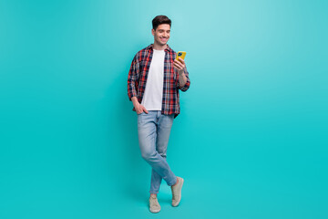 Full length photo of positive good mood man dressed plaid shirt chatting apple iphone samsung...