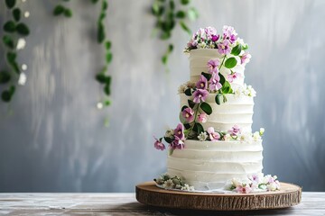 Obraz na płótnie Canvas Rustic wedding cake, Sweet Pea theme, photograph , copy space.