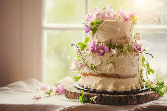 Rustic wedding cake, Sweet Pea theme, photograph , copy space.