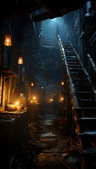 Mysterious corridor in the old city at night. Halloween concept