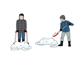 除雪、雪かきをする男性のイラスト