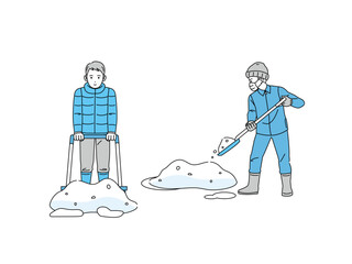 除雪、雪かきをする男性のイラスト