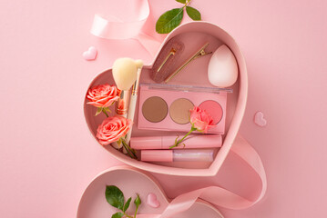 Unwrap romance with heart-shaped box filled with beauty essentials: lip gloss, cosmetic brushes,...