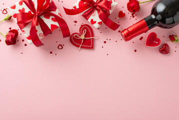 Invoke spirit of love through top view snapshot featuring gift boxes wrapped in themed paper,...