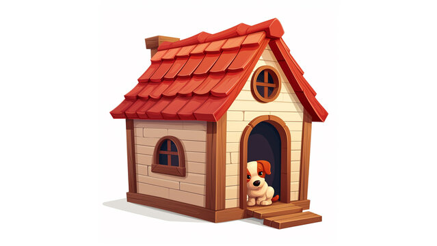 modern cartoon style picture of a dog kennel with a red roof, modern animation, on white background