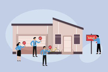 The realtor shows the house for sale 2d flat vector illustration - obrazy, fototapety, plakaty