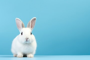 Obraz premium Cute white rabbit on blue background with copy space for text