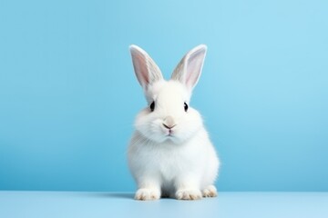 Cute white rabbit on blue background with copy space for text
