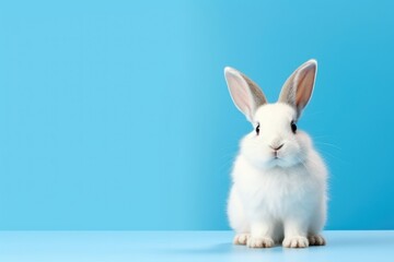 Cute white rabbit on blue background with copy space for text