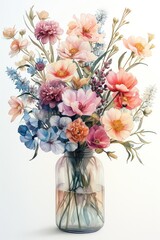 Hyper realistic flowers in a vase still watercolor, Vintage palette, White background. Generative AI.