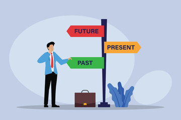 Businessman with Future past present sign post 2d flat vector illustration - obrazy, fototapety, plakaty