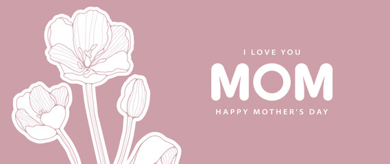 Minimalistic floral Happy Mother's Day card with tulips. Floral background, wallpaper, cover, postcard