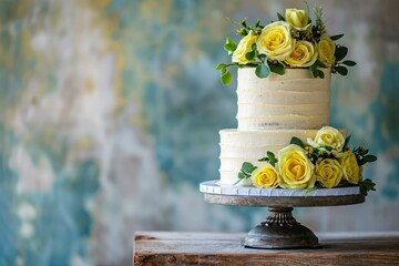 Rustic wedding cake, Yellow rose theme, photograph , copy space.