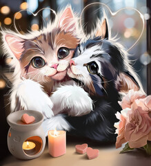 Two kittens hugging. Watercolor drawing - 706457845