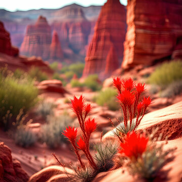 Up close macro style photograph of red desert Indian paintbrush flower