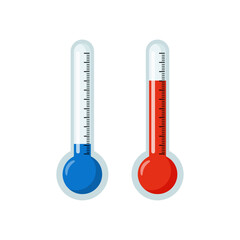 vector of two blue and red thermometers measuring temperature on the street. thermometer with cold temperature mark and thermometer with hot temperature mark