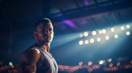 Portrait of a wrestler in a wrestling hall, illuminated by floodlights, with an empty space