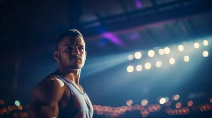 Foto op Canvas Portrait of a wrestler in a wrestling hall, illuminated by floodlights, with an empty space © Vadim
