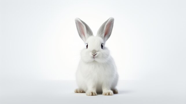 Photo of Little white rabbit on a white background. Easter, holiday, animals, spring concepts.