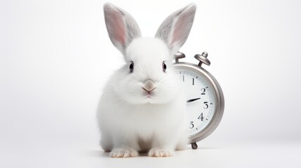 Obraz premium Close-up of a beautiful cute White rabbit with an alarm clock on a white background. Easter, holiday, animals, spring concepts.