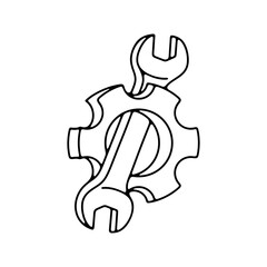 Gear, cogwheel, gear wheel, wrench and spanner, linear graphic design. Repair shop, workshop, auto repair shop and car service, illustration