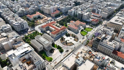 Foto op Canvas Aerial drone photo of iconic neoclassic University, Academy and public Library of Athens, Athens historic center, Attica, Greece    © aerial-drone