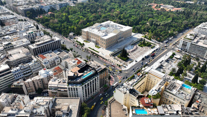 Aerial photo of famous Greek Parliament building in syntagma square in the heart of Athens historic...