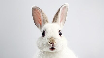Close-up of Portrait of a white cute rabbit with surprised expression on a white background. Easter, holiday, animals, spring concepts.