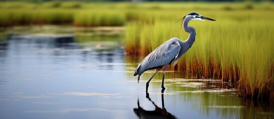 Obraz premium A small heron catches fish in a salt marsh.