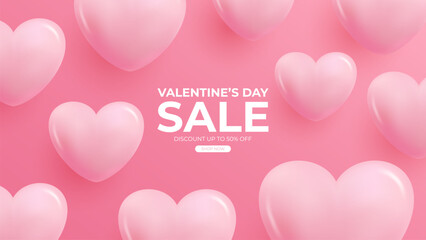 Valentine's Day Sale commercial banner with cute 3d pink glossy hearts for holiday shopping promotion. Valentines Day discount banner. Vector illustration.