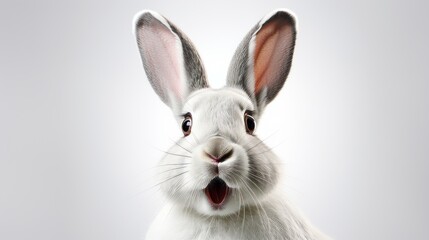 Portrait of a white cute rabbit with surprised expression on a white background. Easter, holiday, animals, spring concepts.