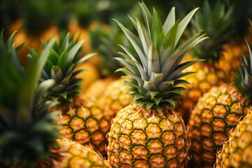Obraz premium Close up pineapple isolated on black background, Pineapple slices with leaves, Generated AI