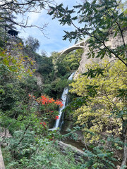 waterfall white bridge over mountain rivers Tbilisi Botanical Garden
