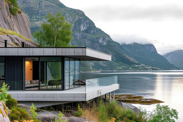 Fototapeta na wymiar Contemporary home made of concrete and glass situated on the shores of a Norwegian fjord. Early in the morning