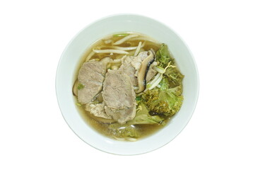 boiled slice braised pork and bean sprout with cabbage in black herb soup on bowl