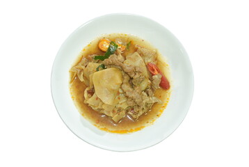 spicy fried slice pickled bamboo shoot with beef meat in curry sauce on plate