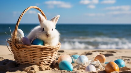 A white fluffy rabbit in a wicker basket and colorful eggs on the sand against the background of the blue sea and sky. Easter holiday, spring concept. - Powered by Adobe
