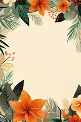 Fototapeta na wymiar Boho tropical flowers border with orange flowers and green leaves on pale beige backdrop. Boho floral frame background template with copy space. Generative AI