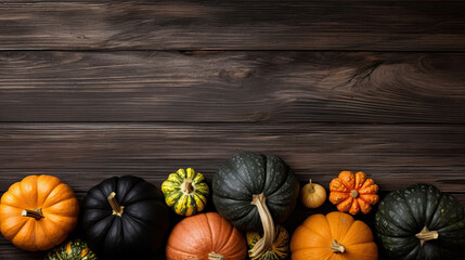 A group of pumpkins on a dark gray color wood boards