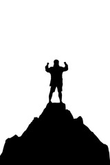 Success concept.A dark man show two hands on top of a mountain on white background. Symbol Winner.Number one. The climber conquered the peak.Winning from competitors. 