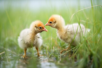 baby chickens pecking in fresh grass