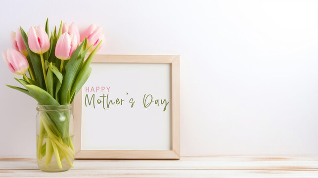 Happy Mother's Day concept celebration holiday background greeting card with text - Bunch of pink tulips and wooden picture frame on wooden table texture