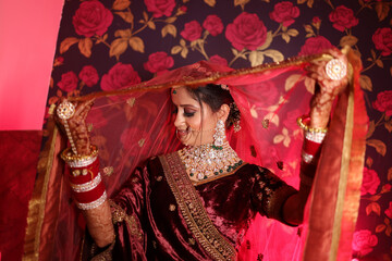 Portrait of traditional indian bride wearing kundan jewelery
